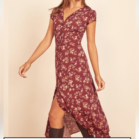 Women's Burgundy Floral Pattern Reformation Fauna Dress in Chantelle. Size 0 - Picture 2 of 16